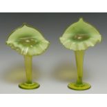 A pair of Victorian Jack-in-the-Pulpit vaseline glass vases, 20cm high