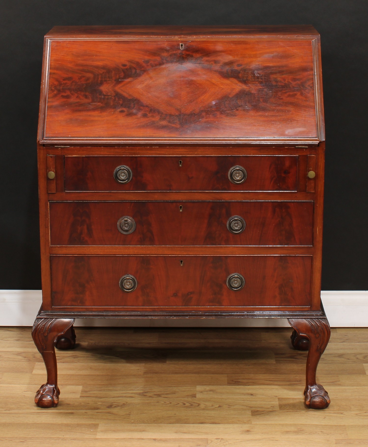 A mahogany bureau, fall front enclosing a fitted interior above three long drawers, 101cm high, 82cm - Image 2 of 9