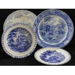 A 19th century blue and white plate, Oriental Sports hunting scene; others (4)