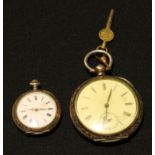 A late 19th century German silver open face pocket watch, Roman numerals, seconds dial, with key;