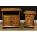 A mahogany and marble parquetry side cabinet, oversailing rectangular top above a niche and a pair