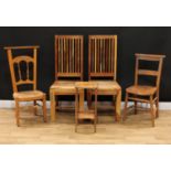 A prayer chair; a chapel chair; a pair of hardwood dining chairs; an oak two tier occasional