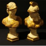 A pair of cast metal cold painted classical busts, Greek Gods, male and female, 37.5cm