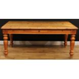 A large pine farmhouse kitchen table, 78cm high, 184cm long, 95cm wide