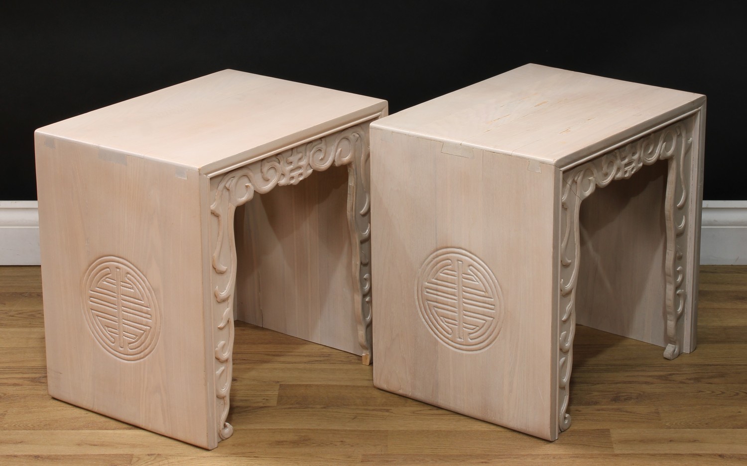 A pair of Chinese inspired tea tables or jardiniere stools, the sides impressed with the double - Image 3 of 3