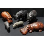 A group of 'Liberty' style leather covered hippos and rhinos (6)