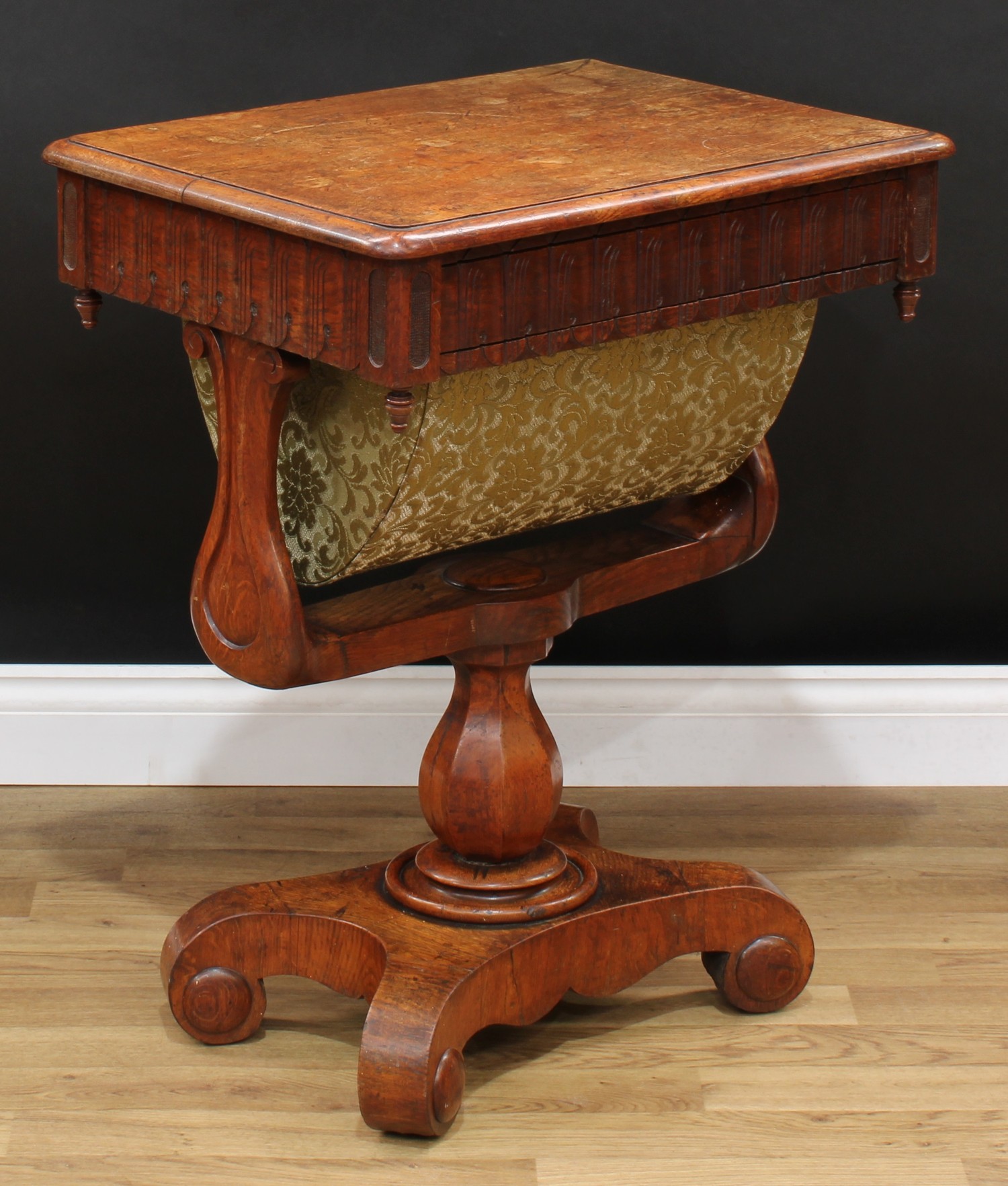 A Victorian oak work table, rounded rectangular top with moulded edge above a frieze drawer and - Image 3 of 7