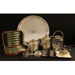 Plated - a glass biscuit barrel, plated cover; a fish knives and forks, silver ferrules, faux