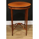 An Edwardian satinwood crossbanded mahogany centre table, circular top above a conforming undertier,