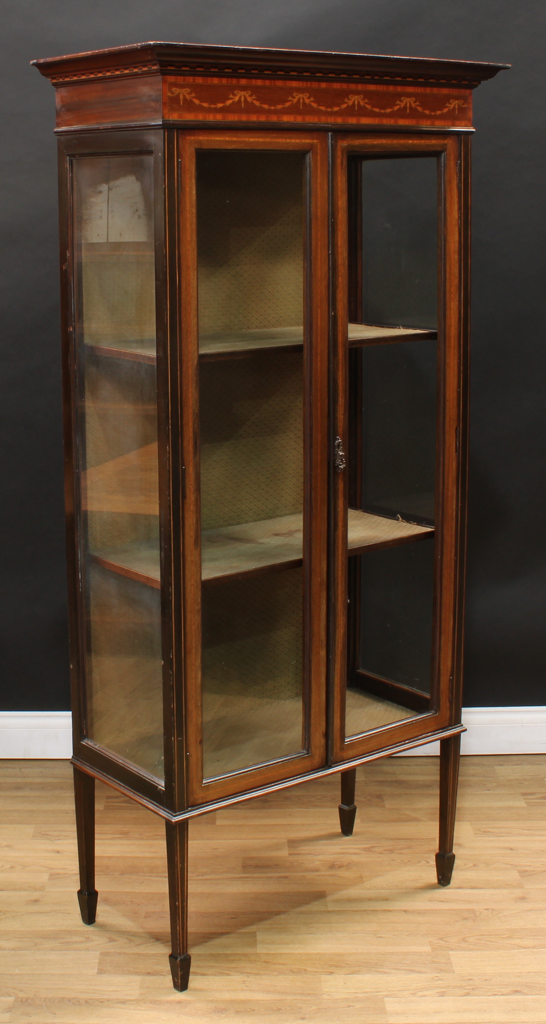 An Edwardian mahogany display cabinet, moulded cornice with shallow chequered parquetry apron - Image 2 of 2