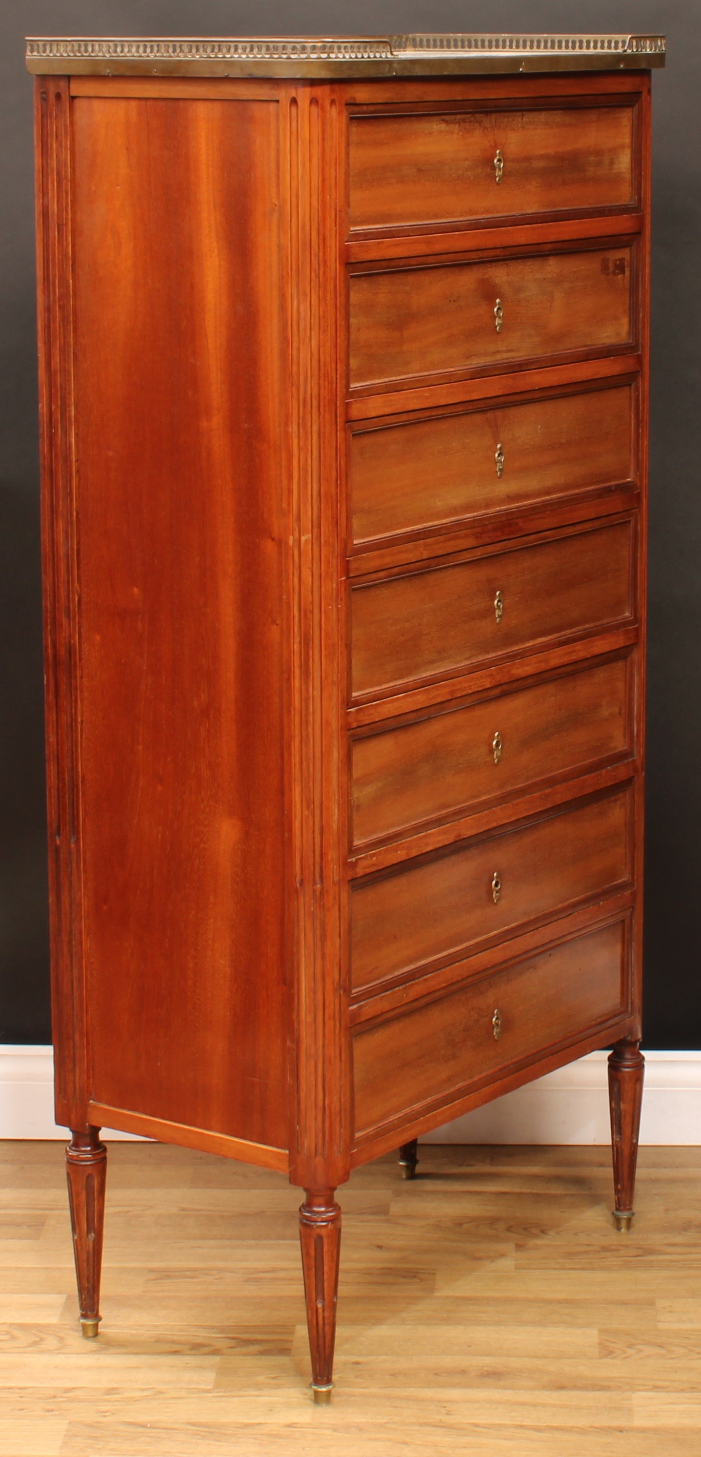 A late 19th century French semainier chest, rectangular top with pierced brass gallery above seven - Image 2 of 5