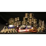 Plated Ware - plated mugs; others, pewter; horn hafted carving set; etc