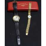 A Rotary day/date wristwatch; a ladies gold plated Rotary wristwatch; a Rotary box (2)