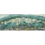 Continental School (20th century) Hillside Town indistinctly signed, oil on canvas, 18cm x 48cm