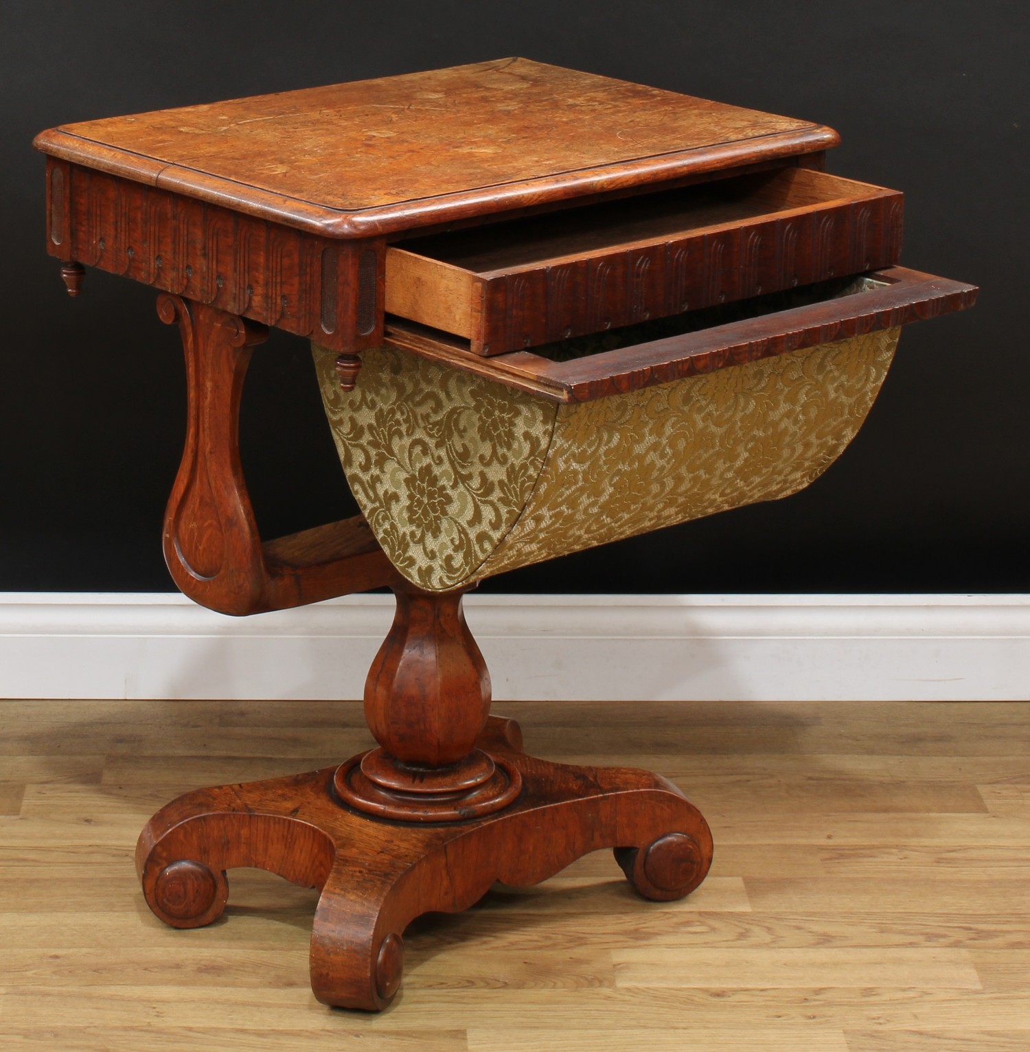 A Victorian oak work table, rounded rectangular top with moulded edge above a frieze drawer and - Image 5 of 7