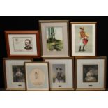 A mid-19th century engraving, hand tinted; two others similar, framed; other prints, framed (7)