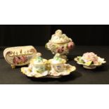 An English porcelain floral encrusted double inkwell and stand, probably Coalbrookdale, 18cm wide; a