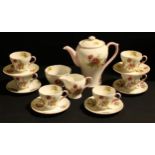 A Shelley floral printed coffee set for six, coffee pot, cream jug, sugar bowl, printed mark in