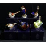A Royal Crown Derby paperweight, Bullfinch, gold stopper, boxed; others, Bunting, Greenfinch,