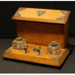 A late Victorian oak desk top combination inkstand and stationery box, 1900