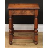 A 17th century design oak joint stool, the lift-up top with Arts and Crafts hinges, 53cm high,