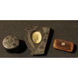 A 19th century Irish bog, Lyre-shaped, oak frame; a patchbox; a Shamrock snuff box (3)