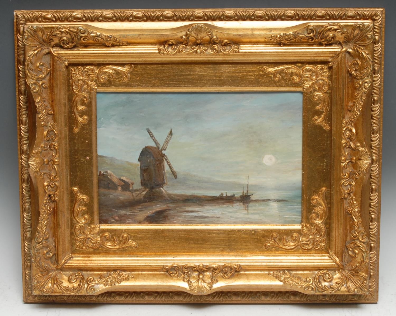 English School (late 19th century) Coastal Scene with Windmill, in the moonlight oil on board, 18. - Bild 4 aus 6