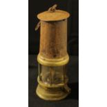 Coal Mining - a 19th century steel and brass miner's lamp, stamped 235, 26cm high