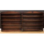 An oak open bookcase, 115.5cm high, 112cm wide, 19cm deep; another, 116cm high, 122cm wide, 18cm