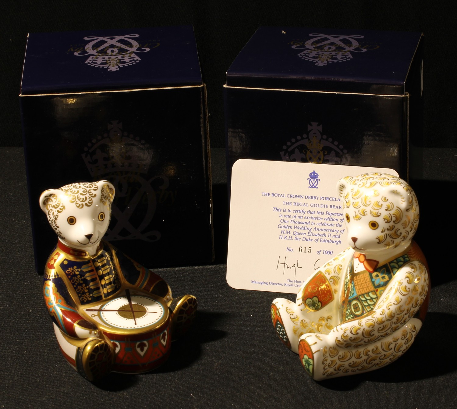 A Royal Crown Derby paperweight, The Regal Goldie Bear, gold stopper, certificate, boxed; another