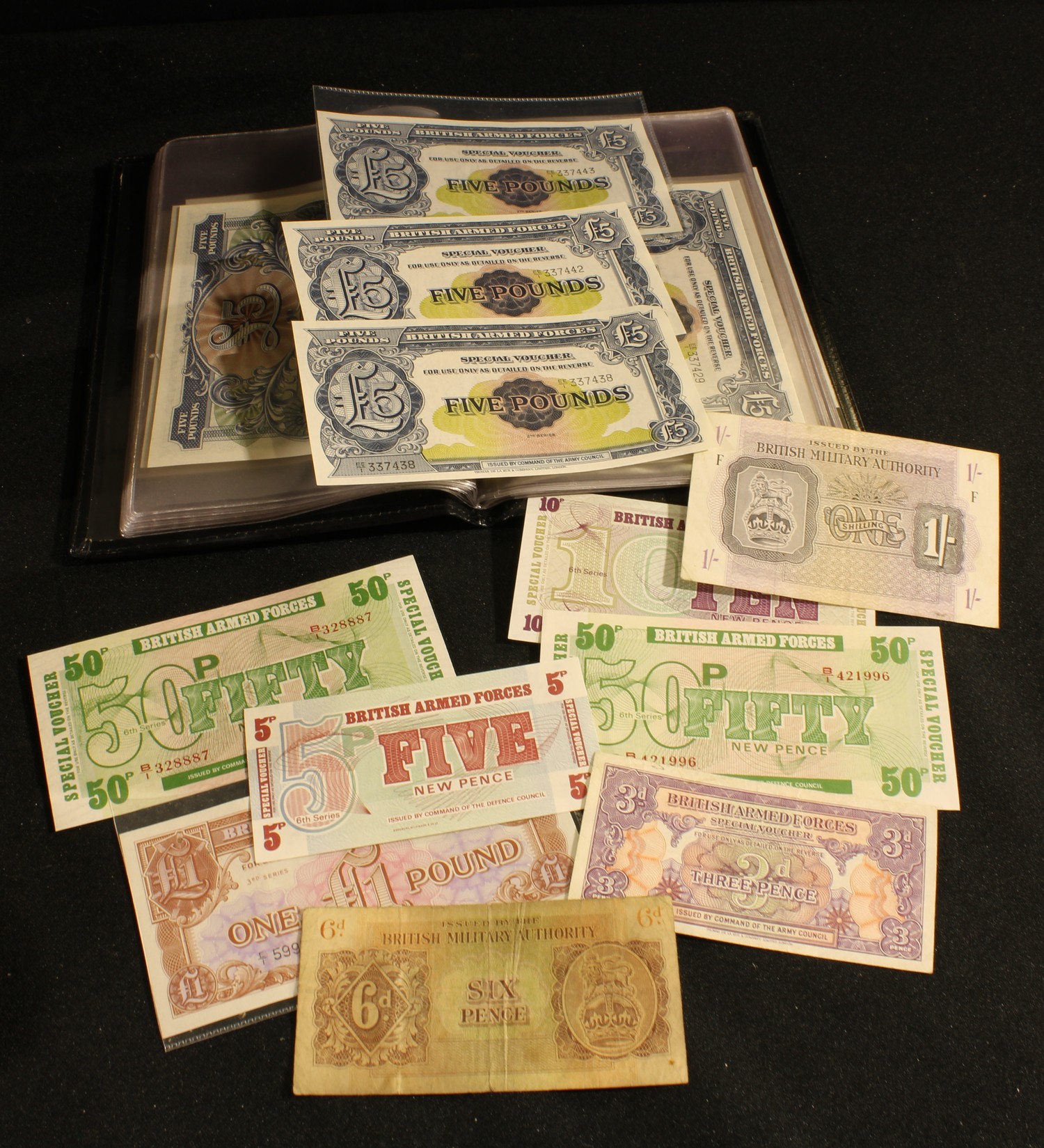 A collection of Armed Forces bank notes, £5 notes in consecutive order; other similar notes, in an