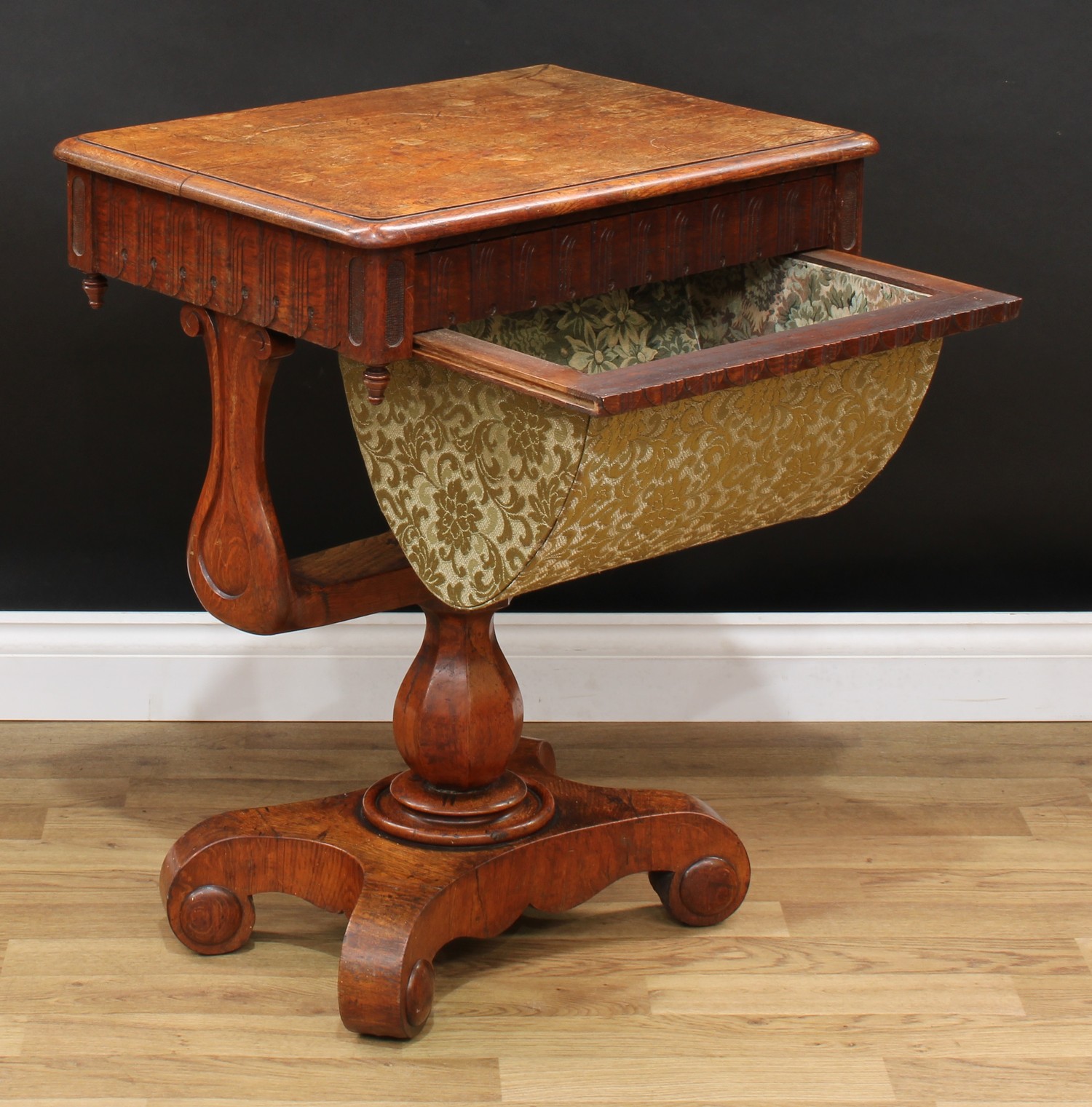 A Victorian oak work table, rounded rectangular top with moulded edge above a frieze drawer and - Image 4 of 7