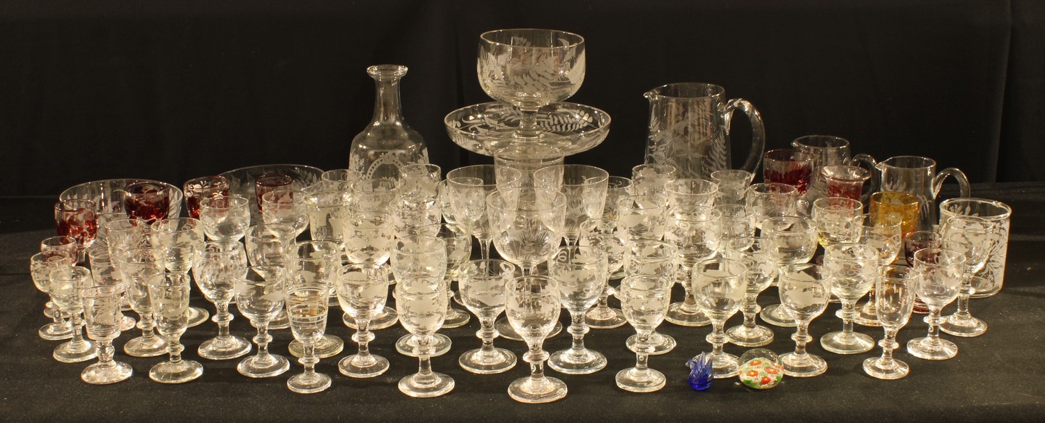 Glassware - early 20th century acid etched liquor glasses; others; a clear glass and etched comport;