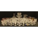 Glassware - early 20th century acid etched liquor glasses; others; a clear glass and etched comport;
