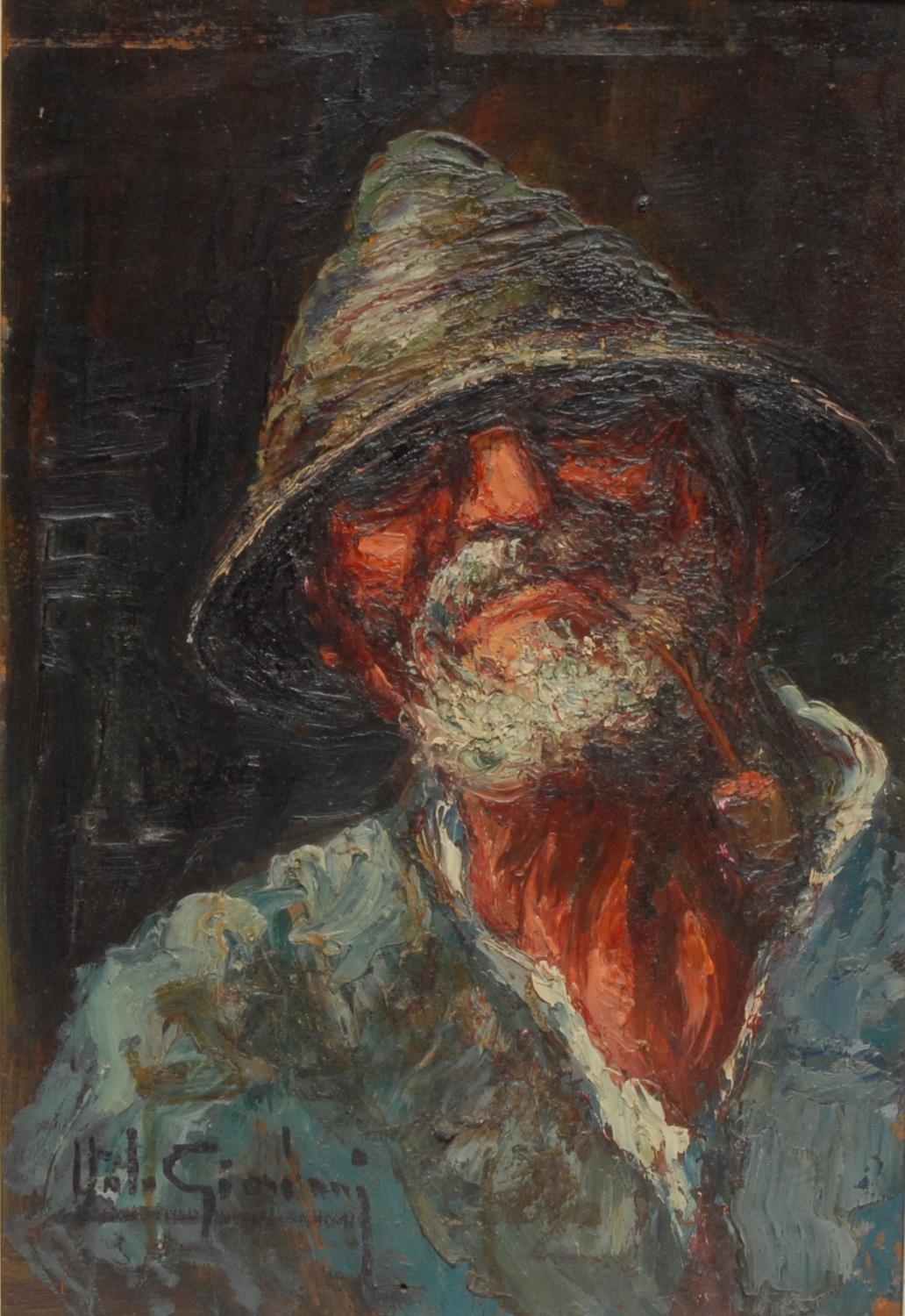 Gionol** Fisherman indistinctly signed, oil on board, 44.5cm x 30cm