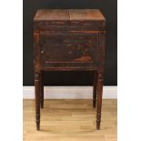 A Victorian oak and pine washstand, hinged bipartite top enclosing three circular provisions, the