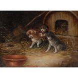 George Armfield (1808-1893) Puppies by a Kennel signed, oil on board, 18cm x 24cm