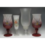 A large Art Glass frosted vase, shaped bowl, knopped stem, stepped domed foot, 50cm high; a pair