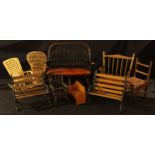 A collection of dolls benches and chairs, some cast iron benches