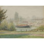 Leonard Ormonde Moored River Boat label to verso, watercolour, 18.5cm x 25cm