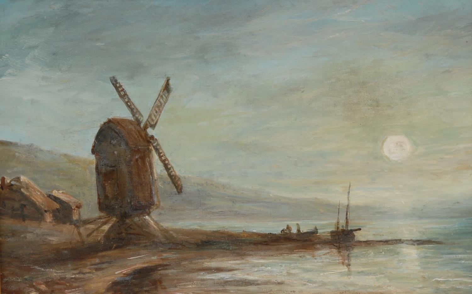 English School (late 19th century) Coastal Scene with Windmill, in the moonlight oil on board, 18.