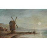 English School (late 19th century) Coastal Scene with Windmill, in the moonlight oil on board, 18.