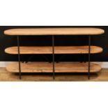 An industrial design softwood and metal open bookcase or three-tier side table, discorectangular