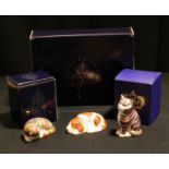 A Royal Crown Derby paperweight, Collector's Guild Puppy, gold stopper, boxed; others, Catnip