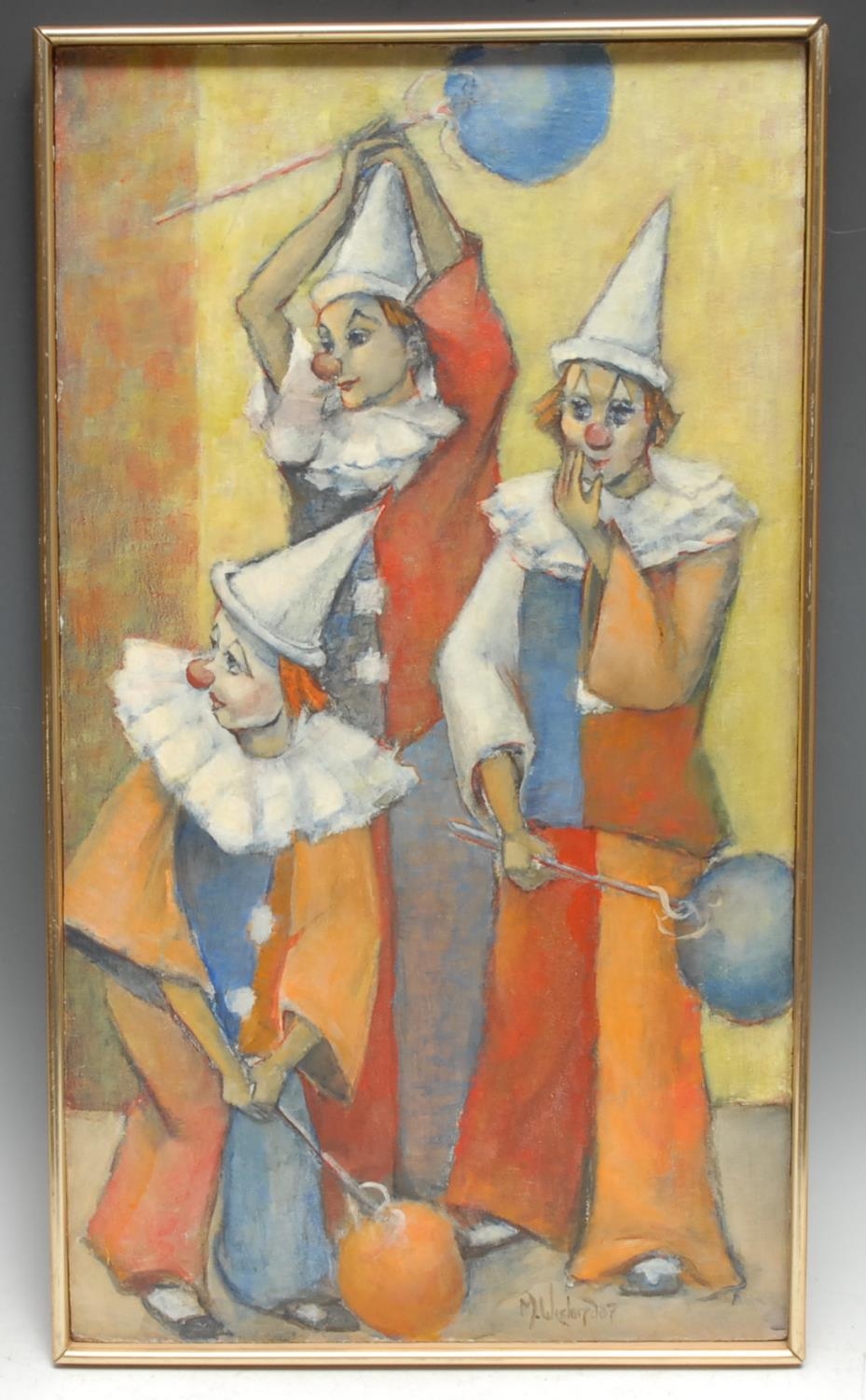 Martin Wheland (20th century) Clowns signed, oil on canvas, 31cm x 32cm