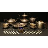 Plated Ware - a four piece boat shaped tea service; fish knoves and forks, hotwater pot; etc