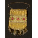An Art Deco beadwork evening bag, decorated in tones of gold and silver, with stylised central