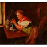 L**Gerard (20th century) Knitting at the Table signed, oil on panel, 21cm x 23.5cm