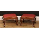A pair of George II Revival mahogany footstools, drop-in seats, cabriole legs carved and applied