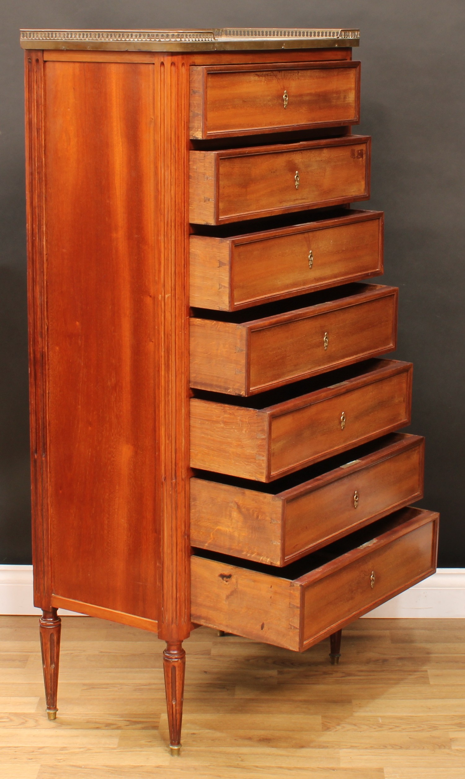 A late 19th century French semainier chest, rectangular top with pierced brass gallery above seven - Image 3 of 5